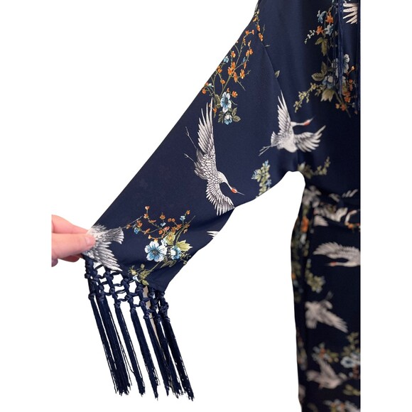 Jennafer Grace Kimono Robe Designer Handmade Blue Cranes Floral Fringe Boho S M - Picture 11 of 15